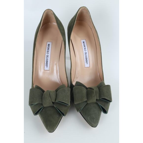 Manolo Blahnik Green Suede Bow Pumps Handmade Italy Designer Heels Size 37 - Picture 5 of 13
